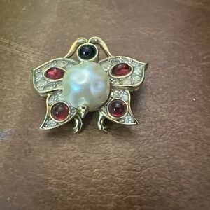 Vintage D'orlan Faux Pearl Red Black Cabochon Glass Crystal Butterfly Brooch